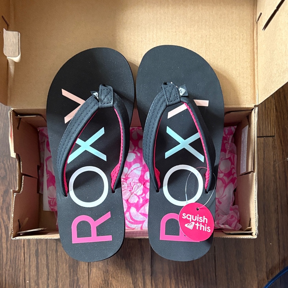 Roxy Black Flip Flops with Pink and Blue Accents